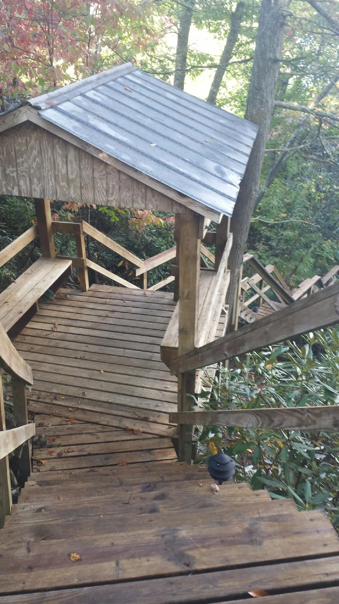 Metal roofed shelter over wooden steps on a wooded walkway — Skylight Repair & Installation work by our crew in Scipio Center